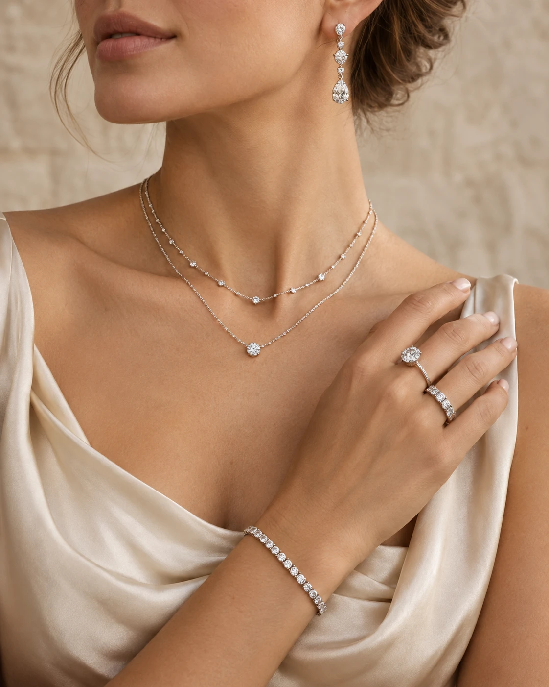 Layered diamond necklaces, earrings, rings and a tennis bracelet worn together with ivory silk