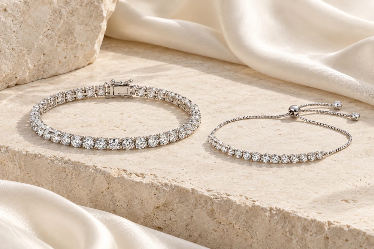 Diamond Bracelets presented on a light ivory backdrop