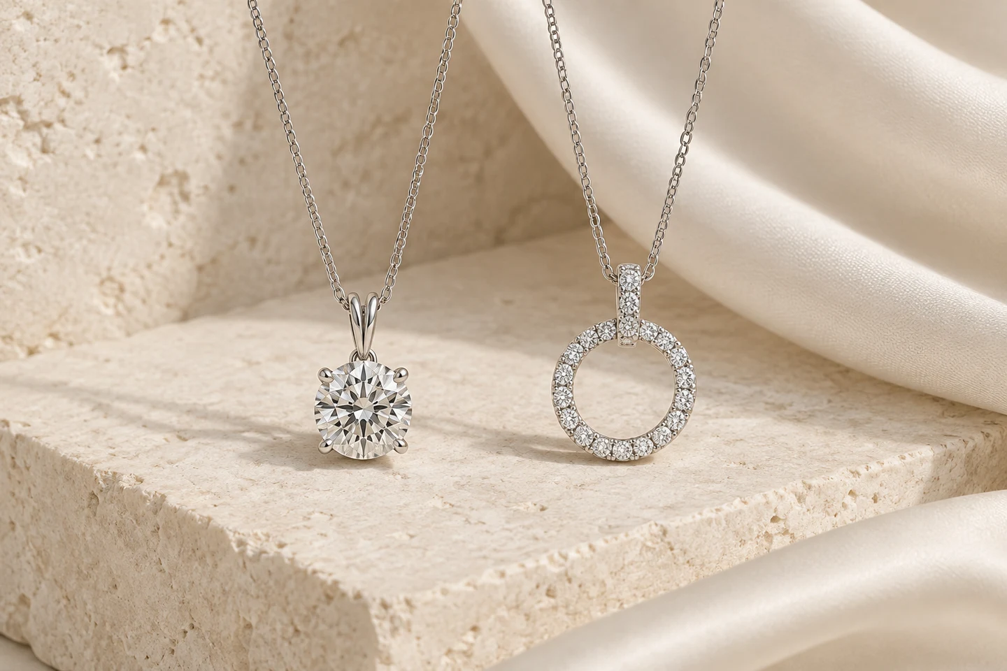 Solitaire and circle diamond pendants on ivory stone and silk