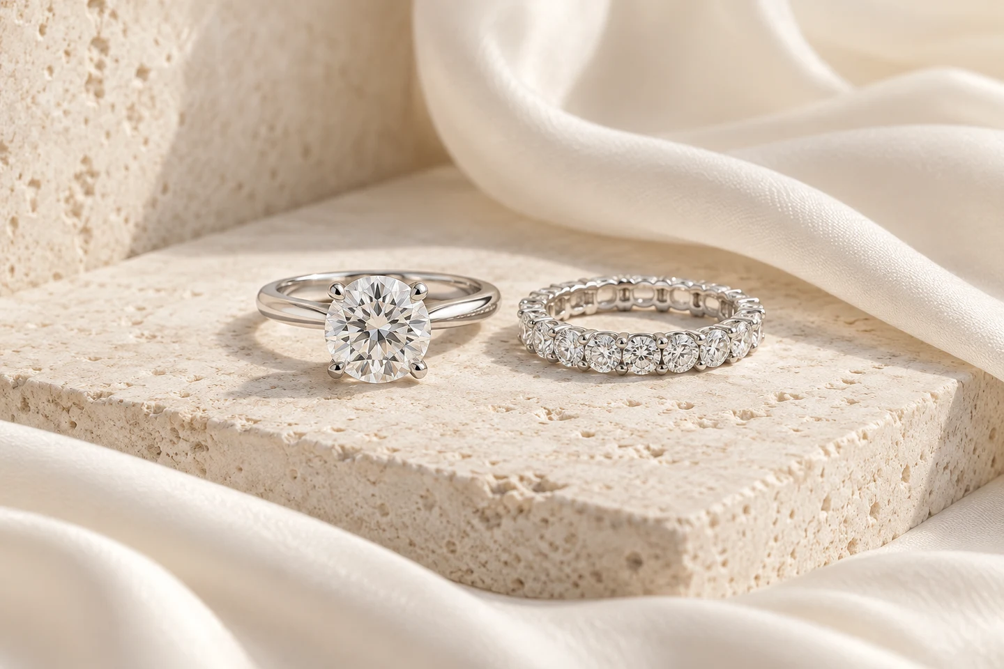 Diamond solitaire ring and eternity band resting on ivory stone beside soft silk